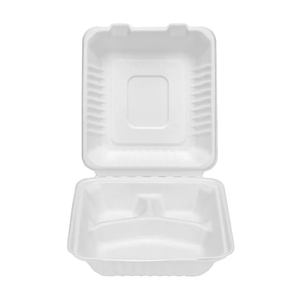 Sugarcane/Bagasse Clamshell Food Container 8x8x3" 3 Compartment - 200 Pcs