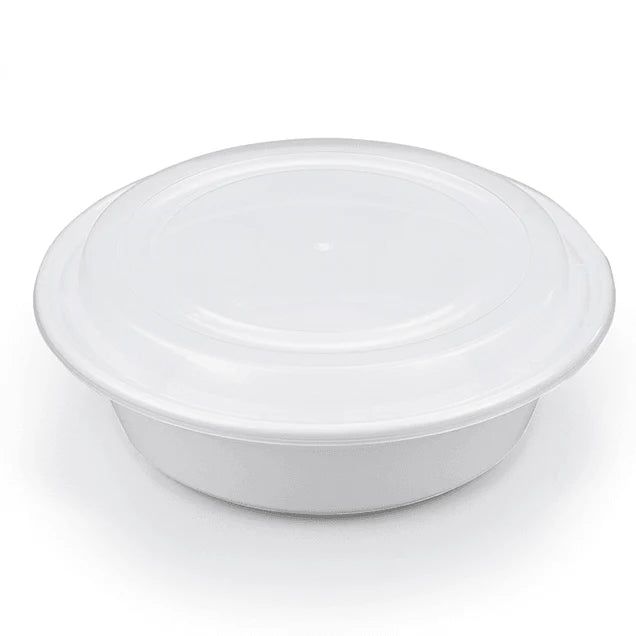 48oz (9") - White PP Round Container W/ Lid - 150 Sets