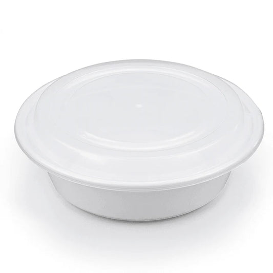 48oz (9") - White PP Round Container W/ Lid - 150 Sets