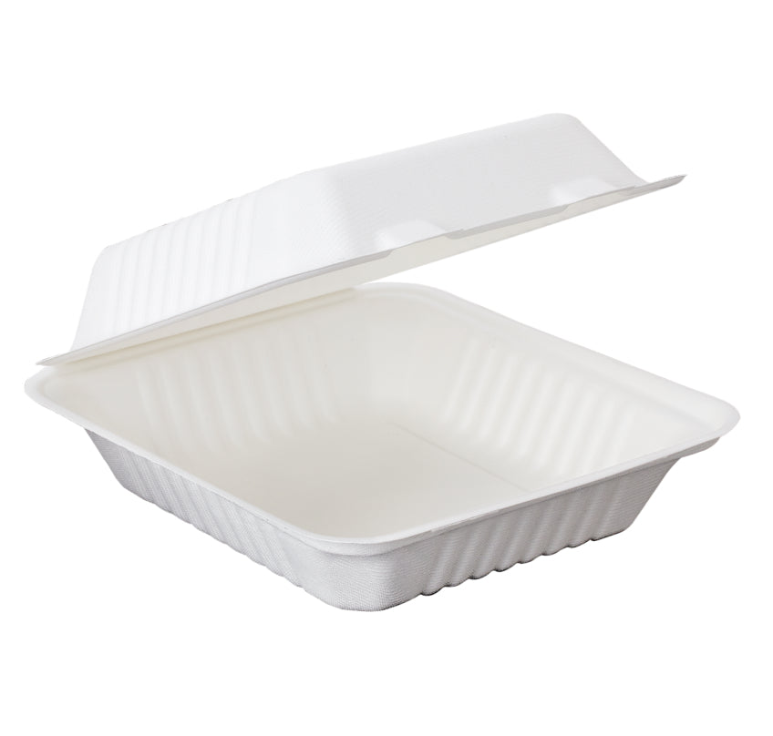 Sugarcane/Bagasse Clamshell Food Container 8x8x3" - 200 Pcs