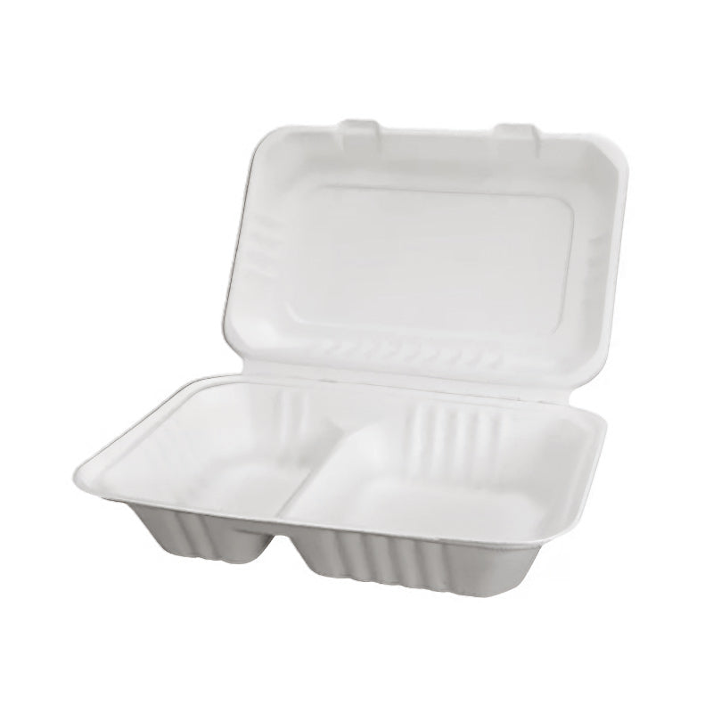 Sugarcane/Bagasse Clamshell Food Container 2 Compartment 9x6x3" - 250 Pcs