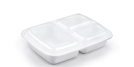 33oz 3 Compartment Rectangle PP White Microwavable With Lids - 150 Sets