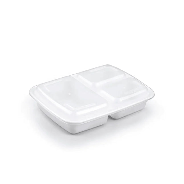 33oz 3 Compartment Rectangle PP White Microwavable With Lids - 150 Sets