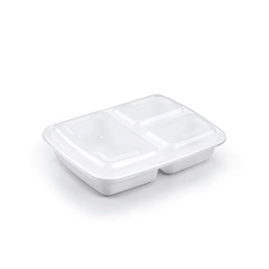 33oz 3 Compartment Rectangle PP White Microwavable With Lids - 150 Sets