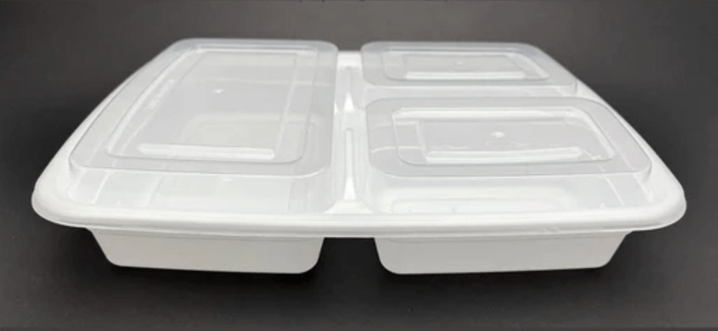 33oz 3 Compartment Rectangle PP White Microwavable Bento Box - 150 Sets - greenhutpackaging