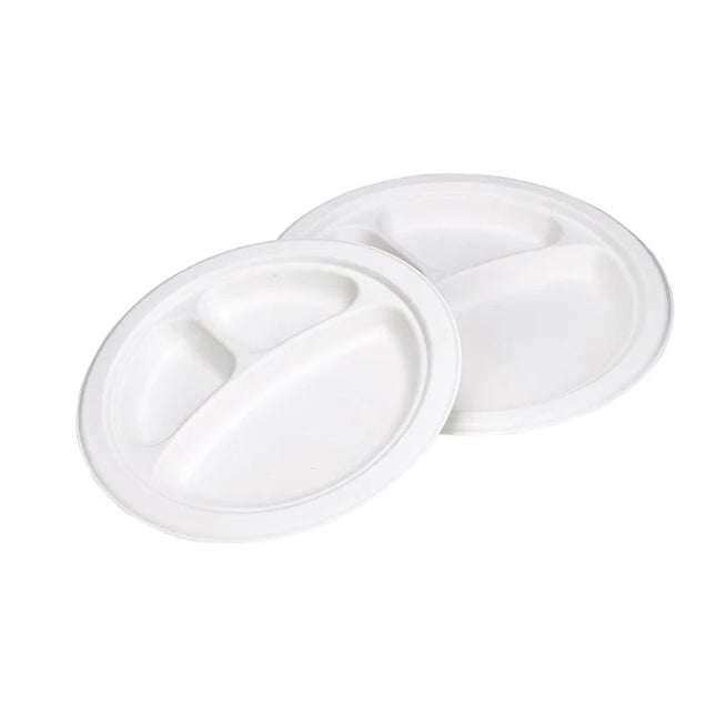 9" 3 Compartment Compostable Sugarcane White Round Plate - 500 Pcs