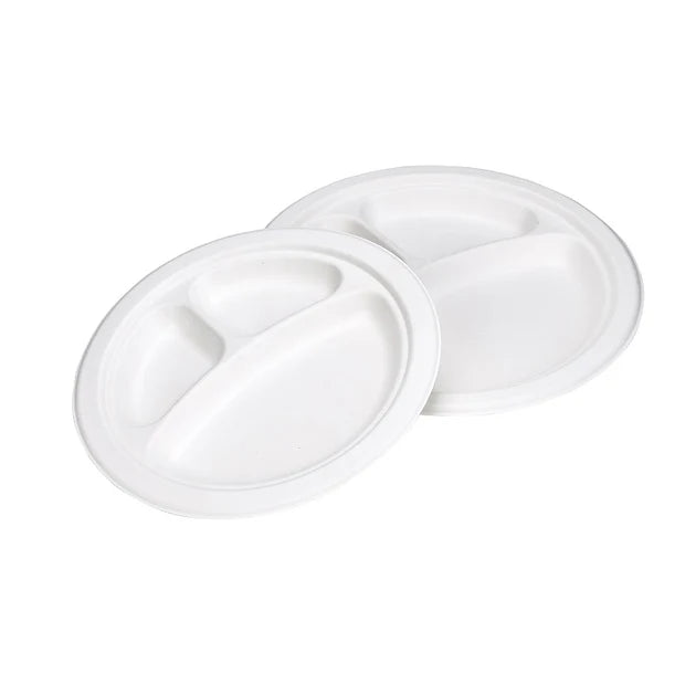 10" 3 Compartment Compostable Sugarcane White Round Plate - 500 Pcs