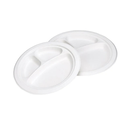 10" 3 Compartment Compostable Sugarcane White Round Plate - 500 Pcs