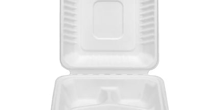 Sugarcane/Bagasse Clamshell Food Container 8x8x3" 3 Compartment - 200 Pcs