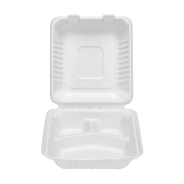 Sugarcane/Bagasse Clamshell Food Container 8x8x3" 3 Compartment - 200 Pcs