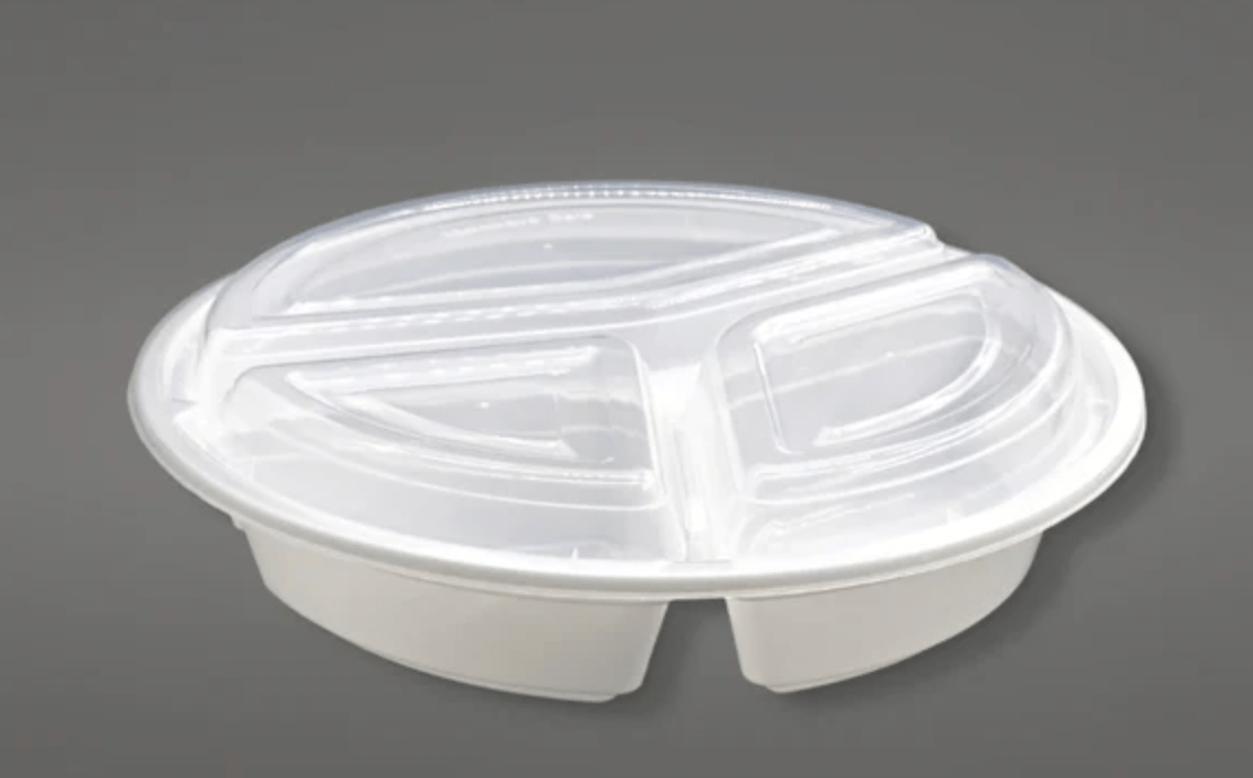 48oz 3 Compartment Round PP White Microwavable Bento Box - 150 Sets - greenhutpackaging