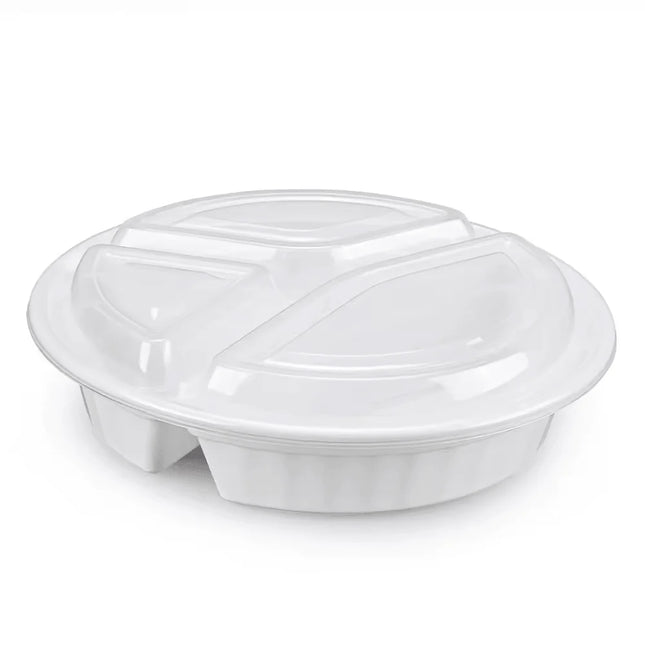 48oz 3 Compartment Round PP White Microwavable - 150 Sets