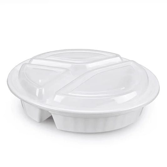 48oz 3 Compartment Round PP White Microwavable - 150 Sets