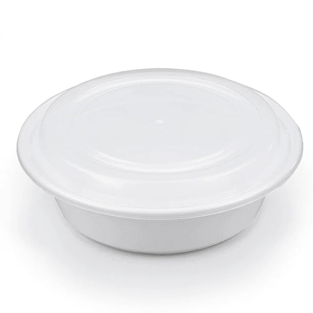 48oz (9") - White PP Round Container W/ Lid - 150 Sets