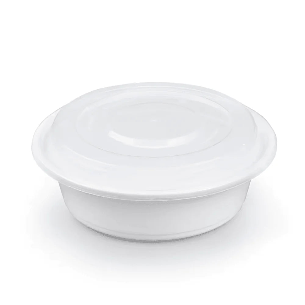 32oz (7") - White PP Round Container W/ Lid - 150 Sets