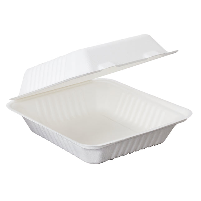 Sugarcane/Bagasse Clamshell Food Container 8x8x3" - 200 Pcs