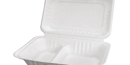 Sugarcane/Bagasse Clamshell Food Container 2 Compartment 9x6x3" - 250 Pcs